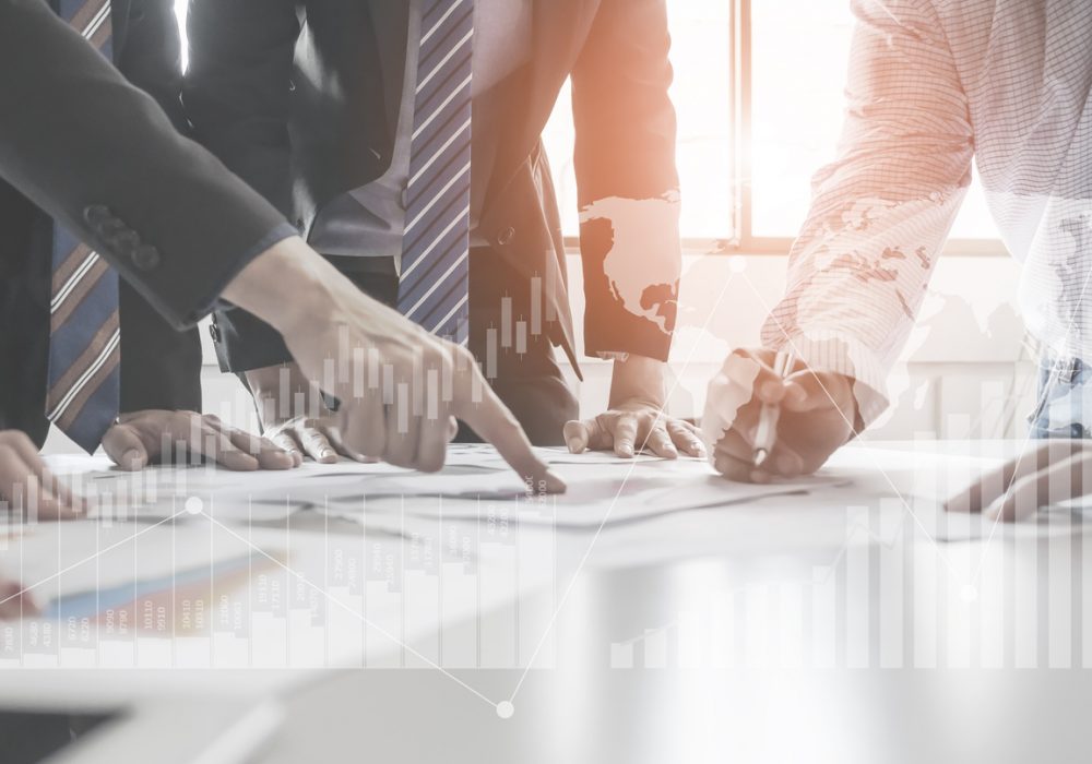 Team project investment manage working project. Development to success and growing annual revenue growth concept